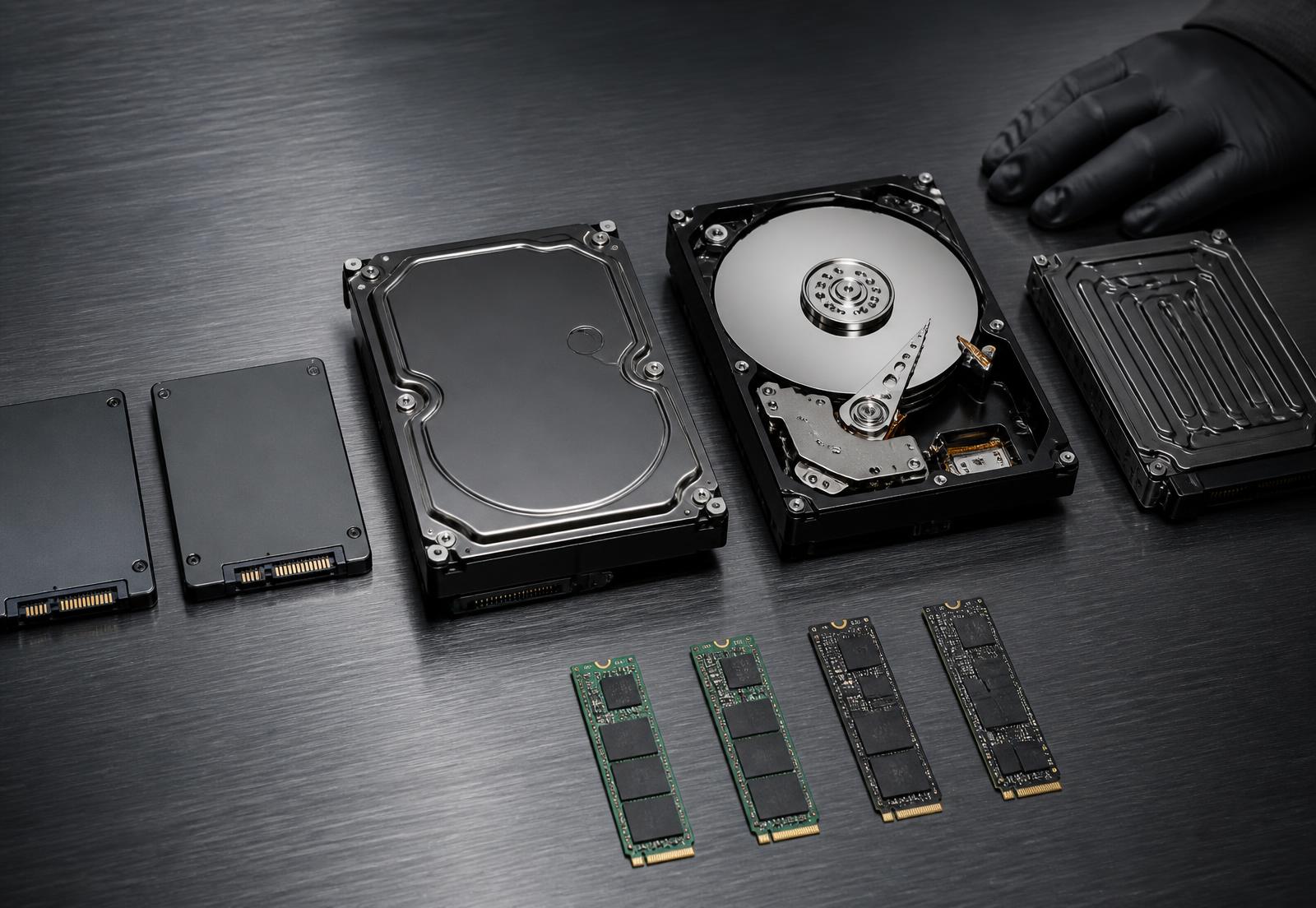 Enterprise hard disk drives, SSDs and NVMe modules on a steel workbench