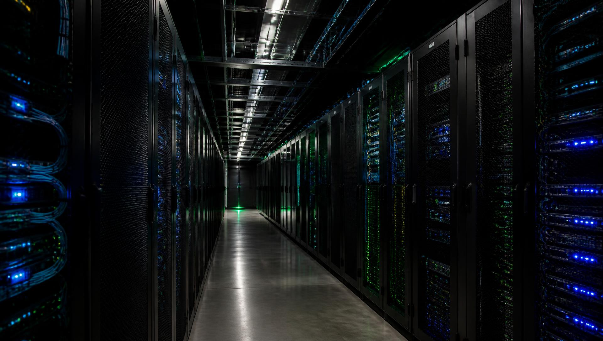 Rows of rack servers in an enterprise data centre aisle