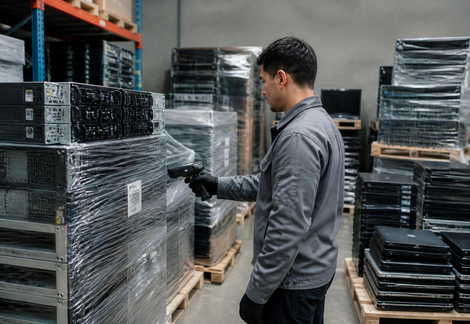 Technician scanning barcode labels on pallets of enterprise IT equipment
